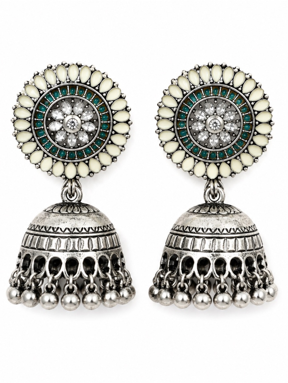 Silver Jhumka Dome Drop Earrings | Rhinestone Beaded Dangle